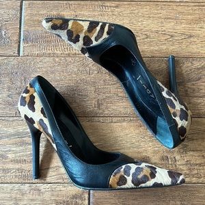 CASADEI Leopard Print Calf Hair & Black Leather Pointed Toe Stiletto Pumps Heels